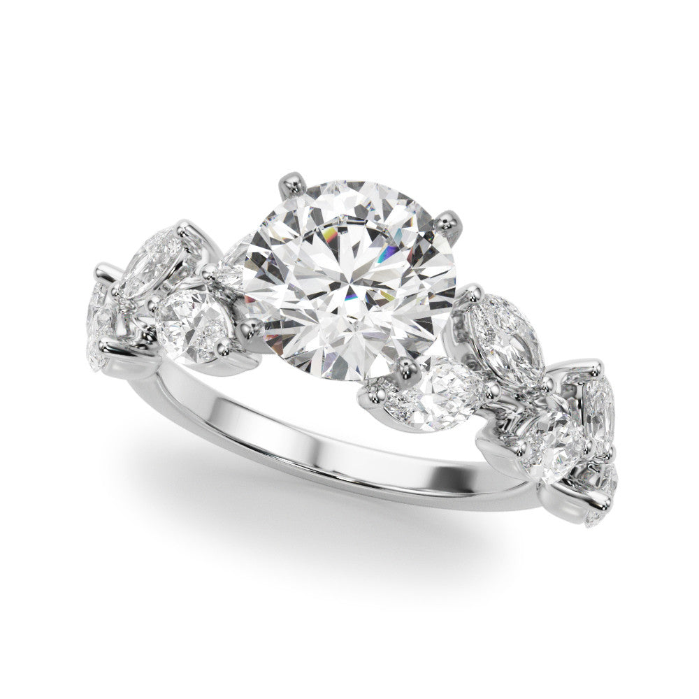 Platinum Round Brilliant Diamond Solitaire with Marquise and Pear Accent Stones on a Split Shank Band with Four-Prong Setting