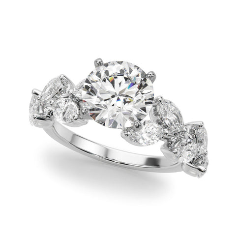 Platinum Round Brilliant Diamond Solitaire with Marquise and Pear Accent Stones on a Split Shank Band with Four-Prong Setting