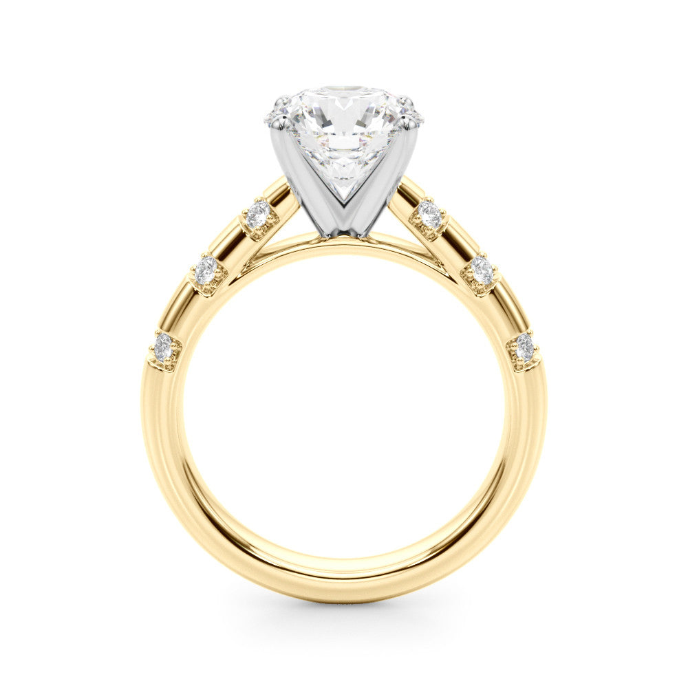 Yellow gold Round Solitaire Diamond Ring with Channel Set Band and Four-Prong Setting