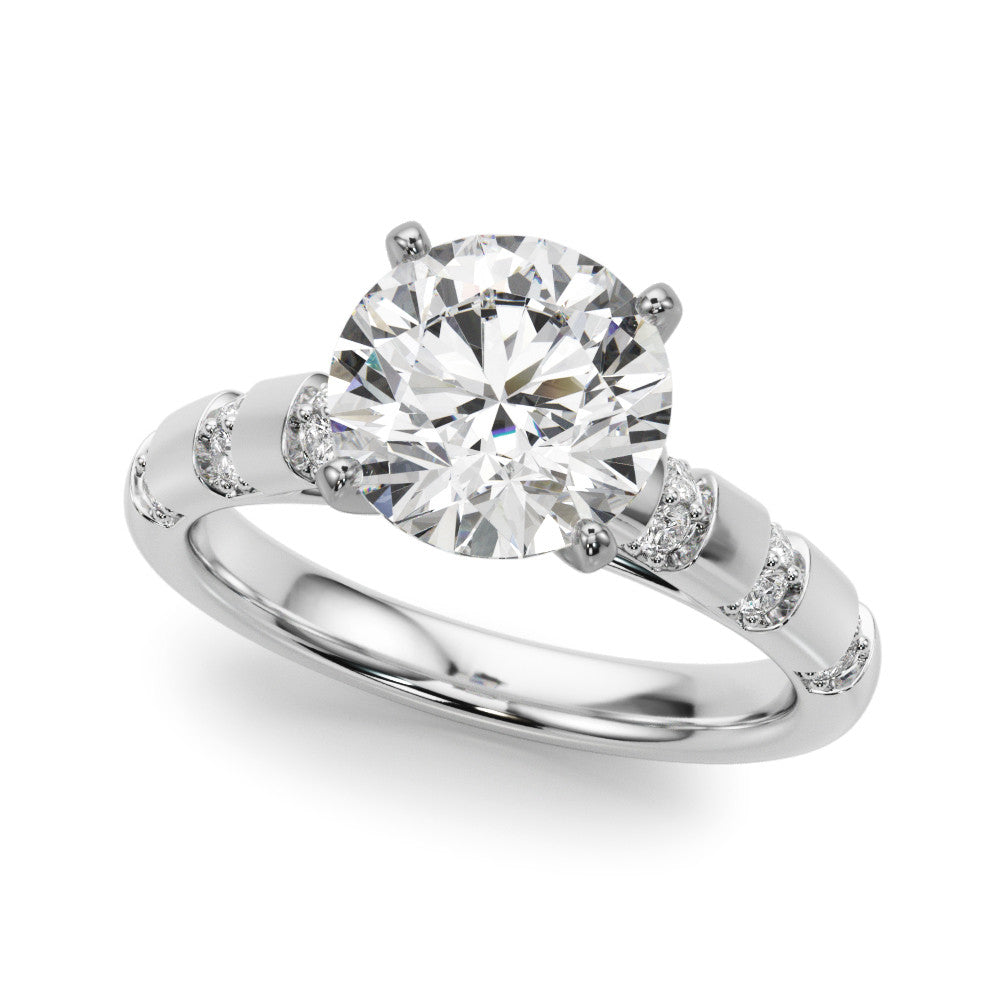 White gold Round Solitaire Diamond Ring with Channel Set Band and Four-Prong Setting