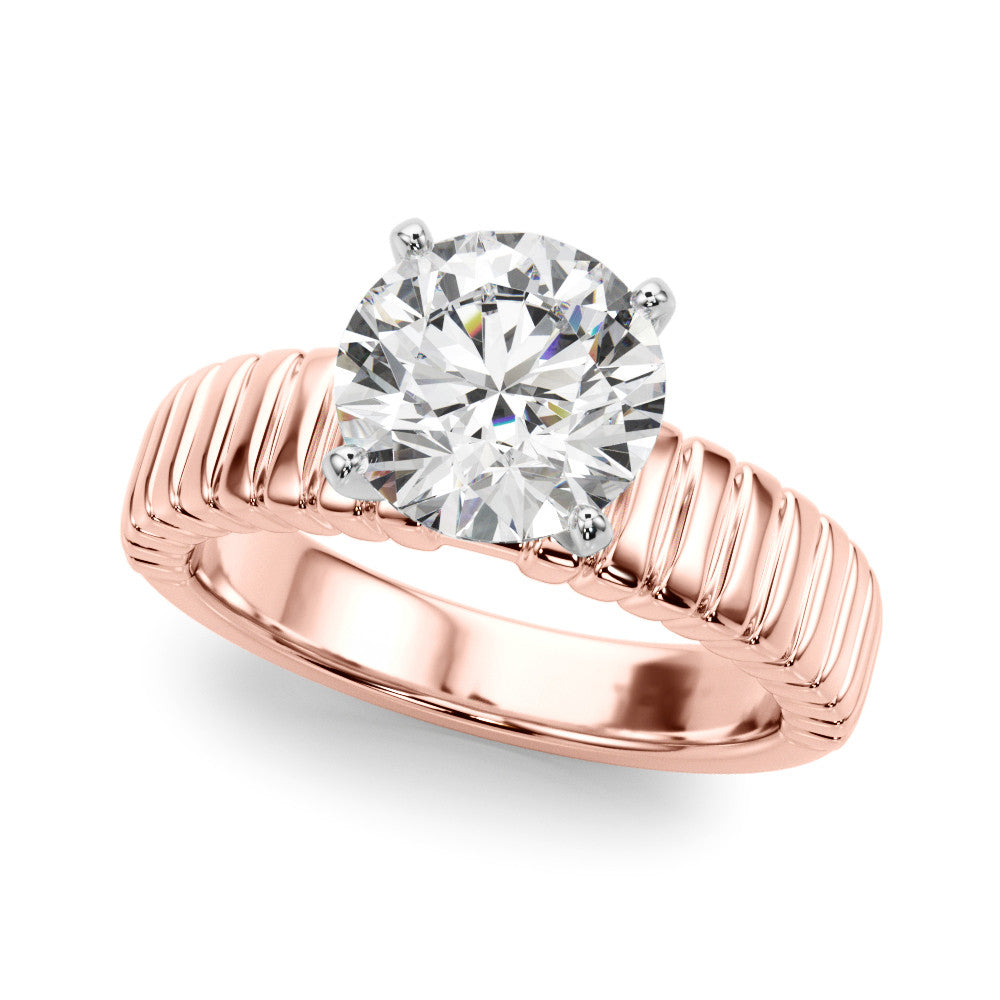 Rose gold Round Solitaire Ribbed Band with Four-Prong Setting