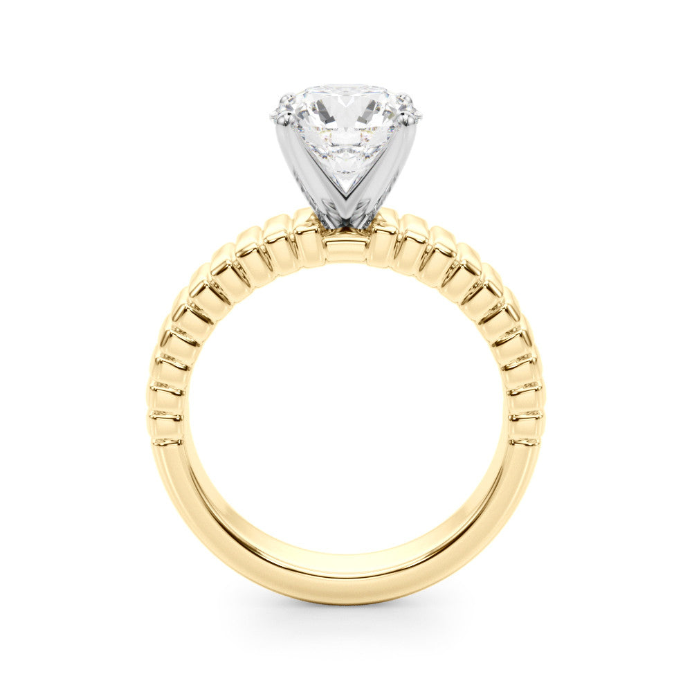Yellow gold Round Solitaire Ribbed Band with Four-Prong Setting