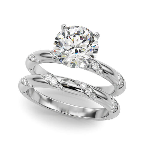 Silver Round Solitaire Diamond Engagement Ring with Twisted Pave Band and Four-Prong Setting