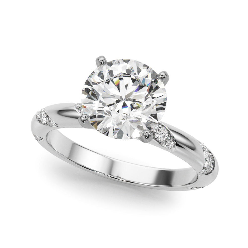 Platinum Round Solitaire Diamond Engagement Ring with Twisted Pave Band and Four-Prong Setting
