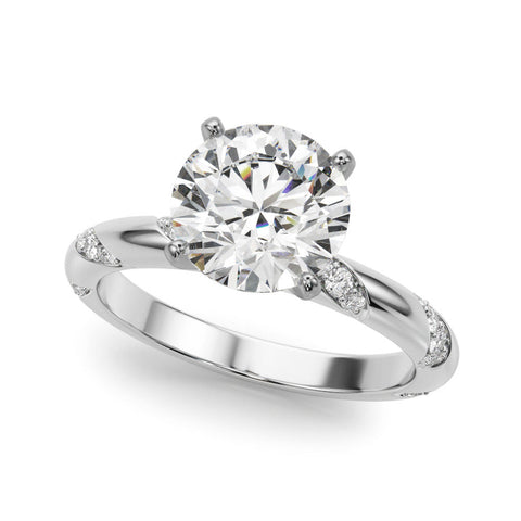 Silver Round Solitaire Diamond Engagement Ring with Twisted Pave Band and Four-Prong Setting