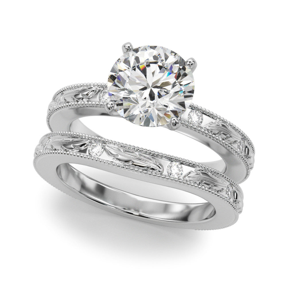 Silver Round Solitaire Milgrain Engagement Ring with Filigree Band and Four-Prong Setting