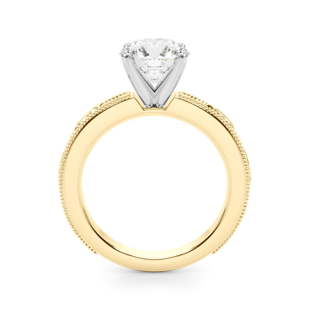 Yellow gold Round Solitaire Milgrain Engagement Ring with Filigree Band and Four-Prong Setting