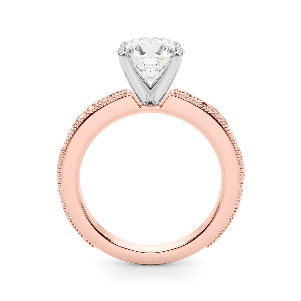 Rose gold Round Solitaire Milgrain Engagement Ring with Filigree Band and Four-Prong Setting