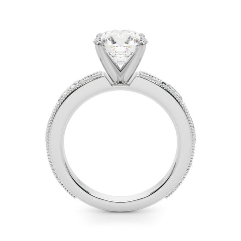 Silver Round Solitaire Milgrain Engagement Ring with Filigree Band and Four-Prong Setting