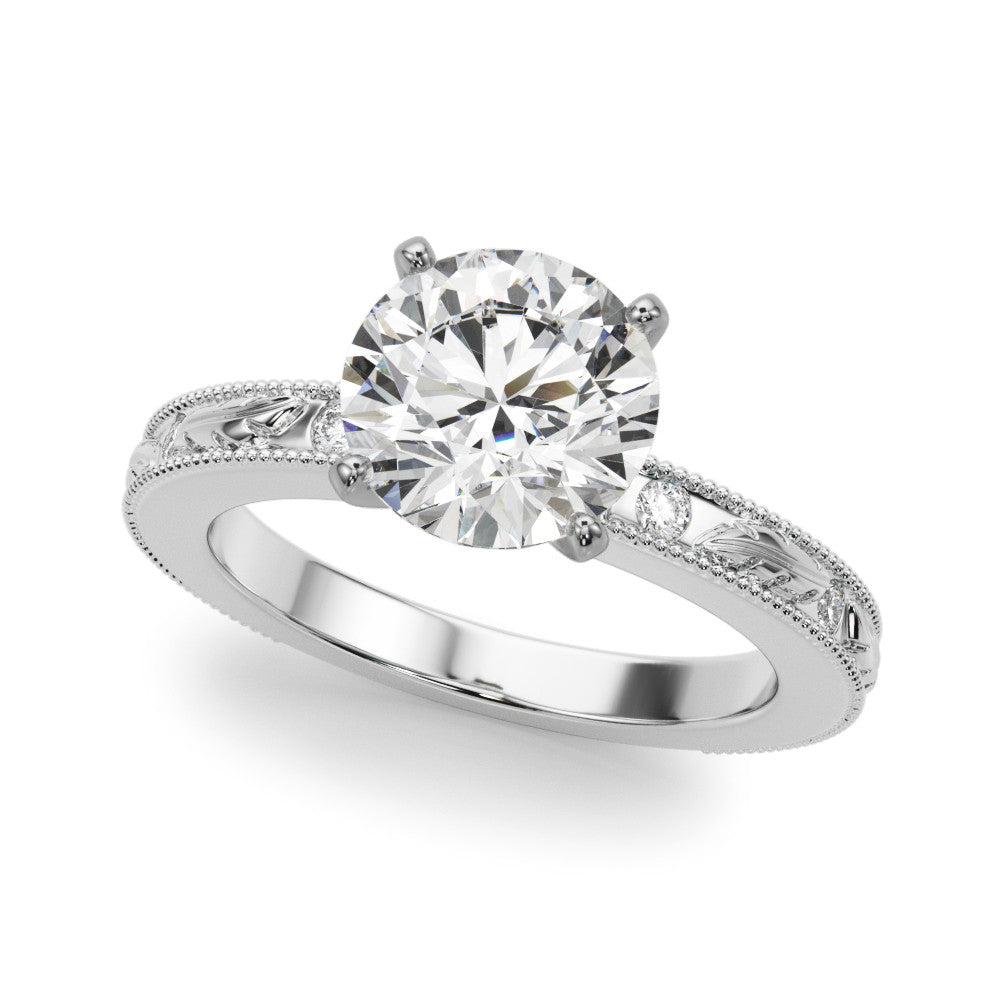 White gold Round Solitaire Milgrain Engagement Ring with Filigree Band and Four-Prong Setting