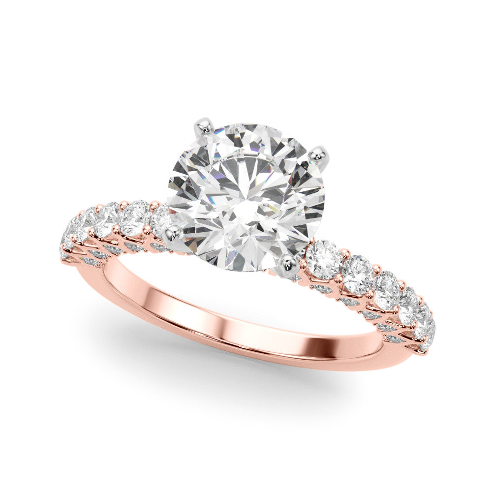 Rose gold Round Brilliant Solitaire with Pavé Band and Four-Prong Setting