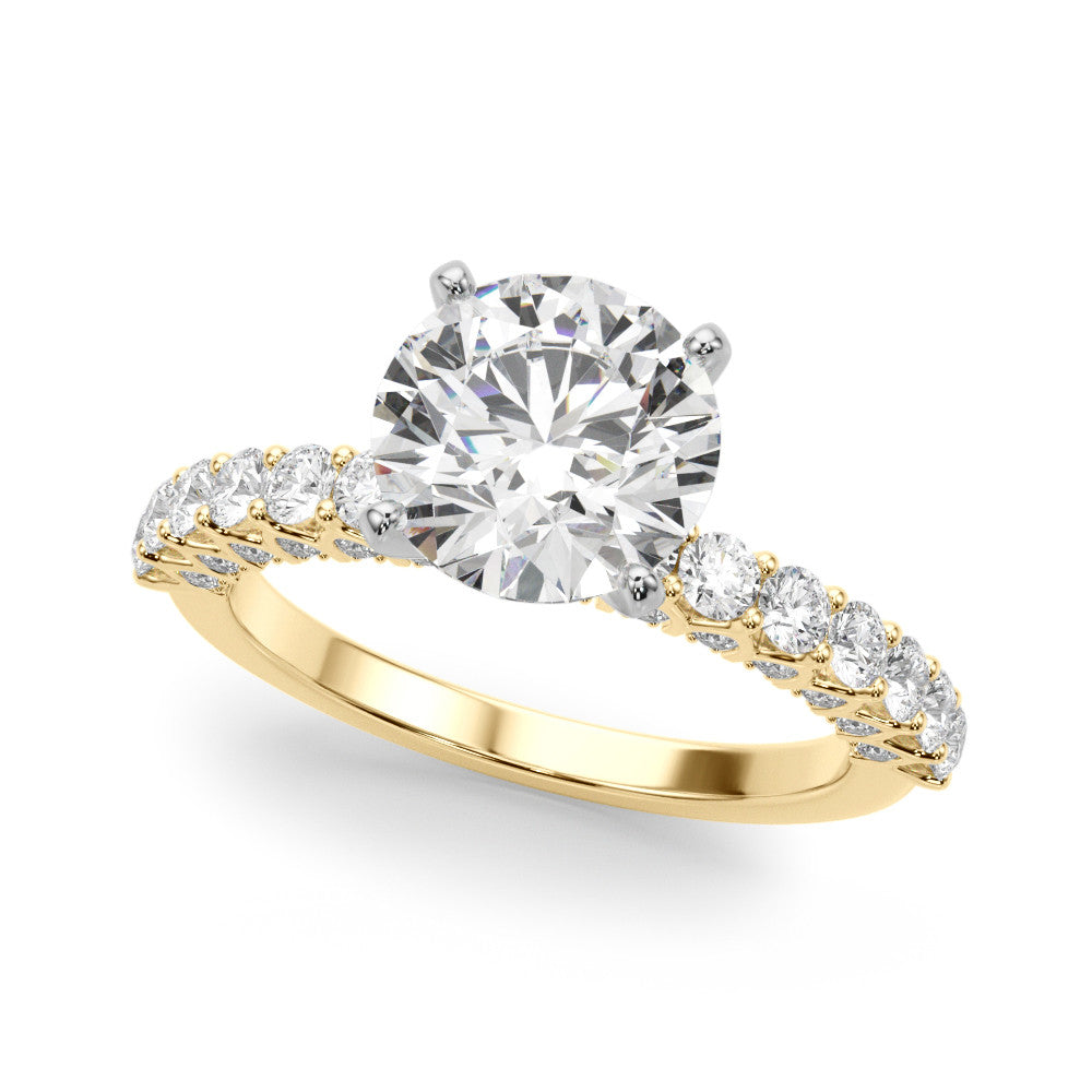 Yellow gold Round Brilliant Solitaire with Pavé Band and Four-Prong Setting