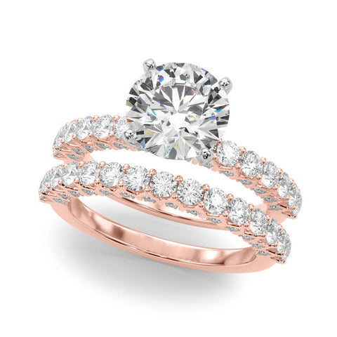 Rose gold Round Brilliant Solitaire with Pavé Band and Four-Prong Setting