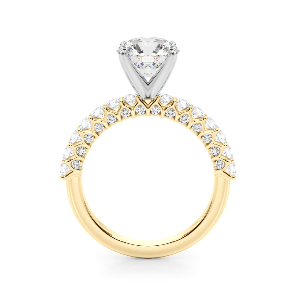 Yellow gold Round Brilliant Solitaire with Pavé Band and Four-Prong Setting