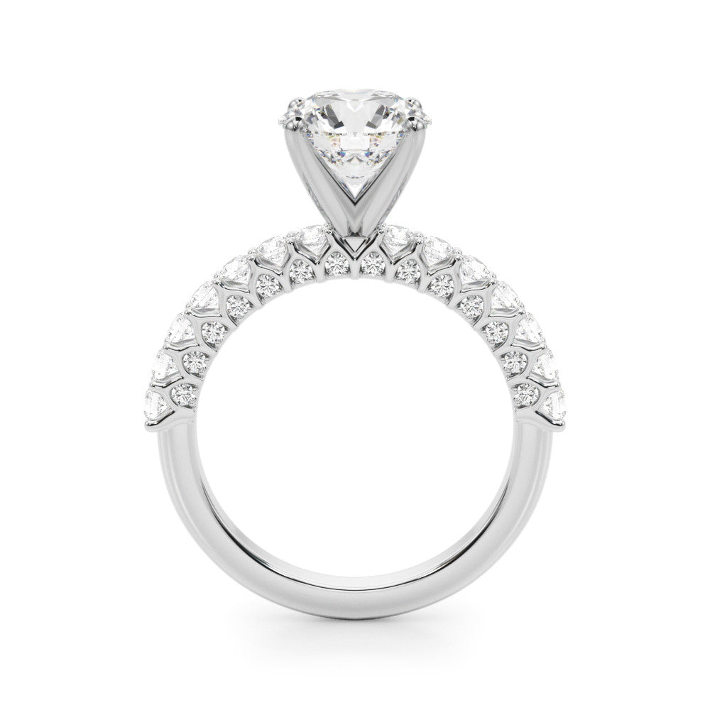 Platinum Round Brilliant Solitaire with Pavé Band and Four-Prong Setting