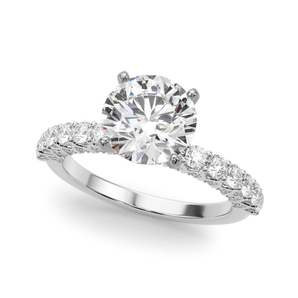 Platinum Round Brilliant Solitaire with Pavé Band and Four-Prong Setting