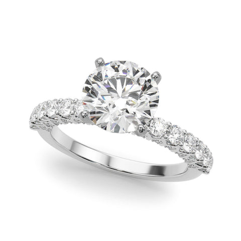 White gold Round Brilliant Solitaire with Pavé Band and Four-Prong Setting