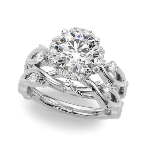 White gold Round Halo Solitaire Diamond Ring with Twisted Band and Four-Prong Setting