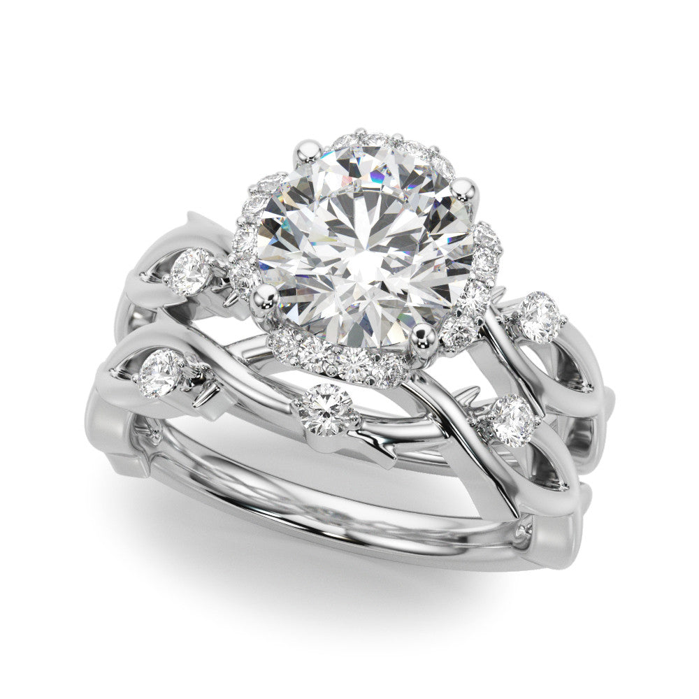 White gold Round Halo Solitaire Diamond Ring with Twisted Band and Four-Prong Setting