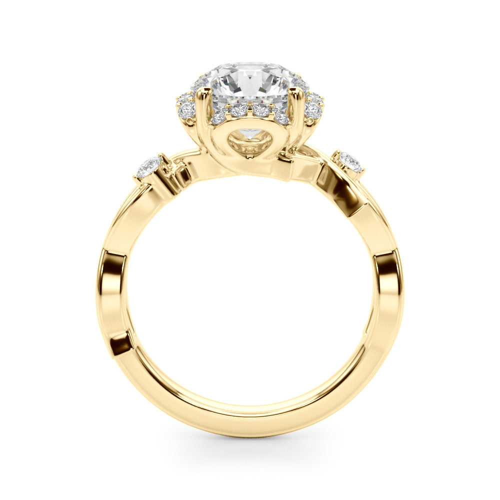 Yellow gold Round Halo Solitaire Diamond Ring with Twisted Band and Four-Prong Setting