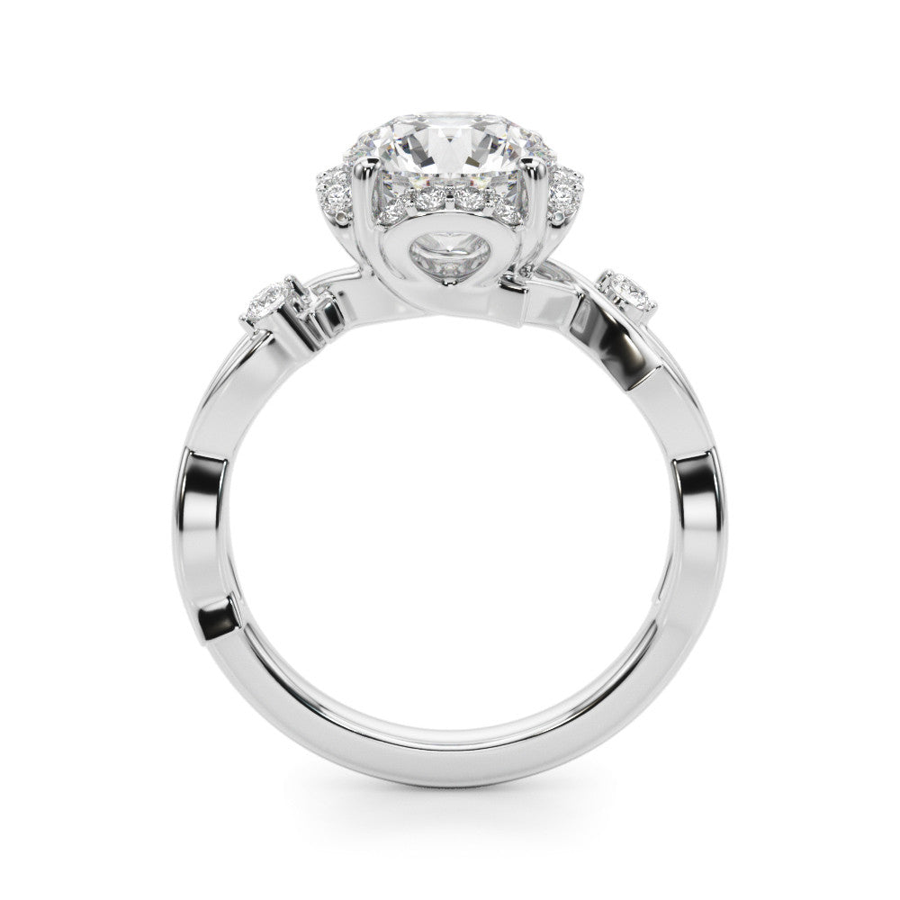 Platinum Round Halo Solitaire Diamond Ring with Twisted Band and Four-Prong Setting