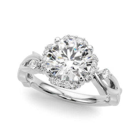Platinum Round Halo Solitaire Diamond Ring with Twisted Band and Four-Prong Setting