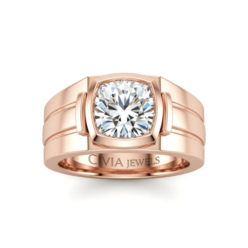 Rose Gold Cushion Cut Bezel Set Solitaire Engagement Ring with Smooth Band