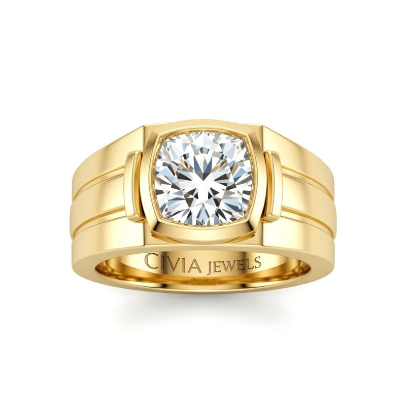 Yellow Gold Cushion Cut Bezel Set Solitaire Engagement Ring with Smooth Band