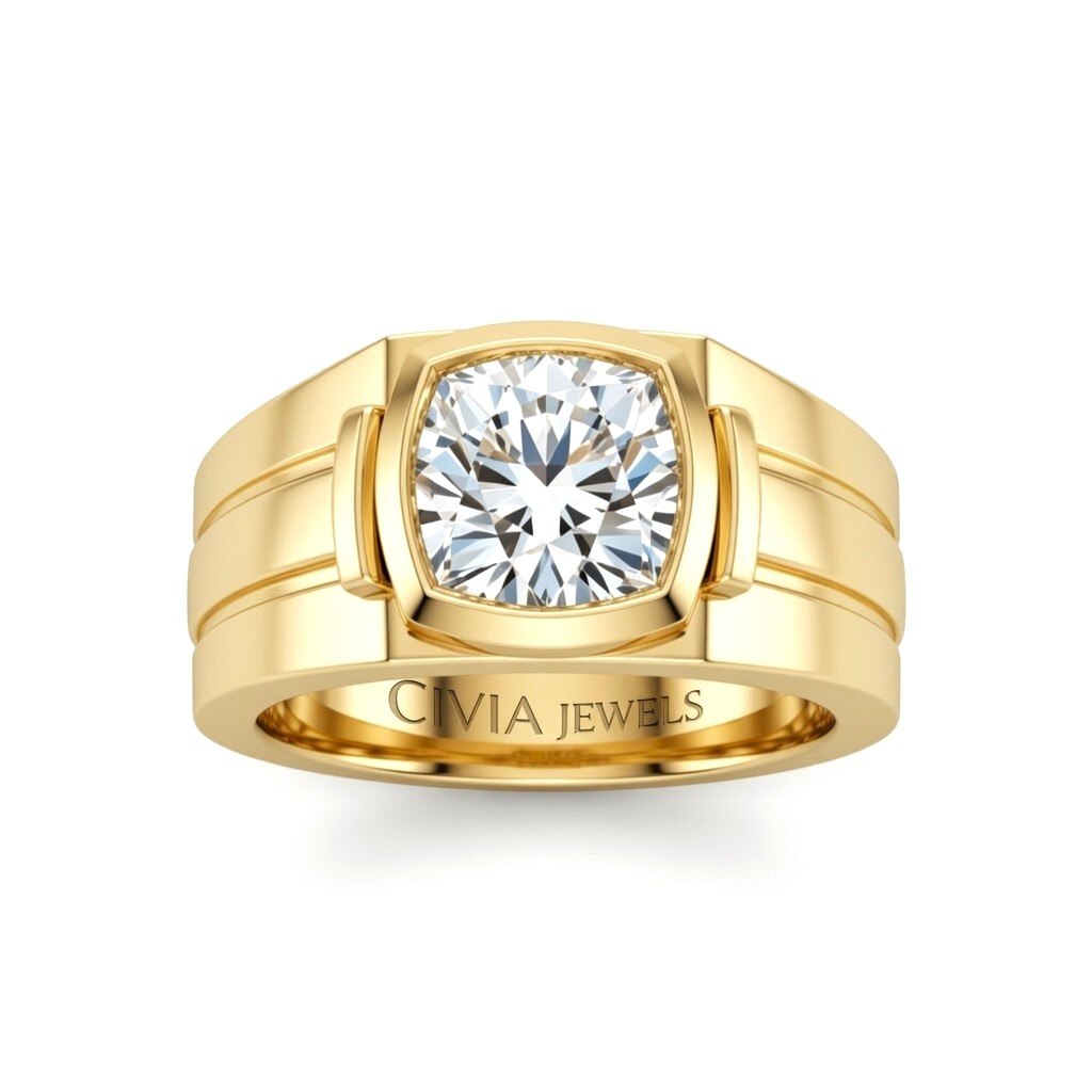 Yellow Gold Cushion Cut Bezel Set Solitaire Engagement Ring with Smooth Band