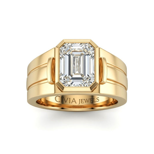 Yellow Gold Emerald Cut Bezel Set Solitaire Engagement Ring with Smooth Band
