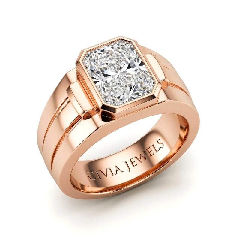 Rose Gold Radiant Cut Bezel Set Solitaire Engagement Ring with Smooth Band