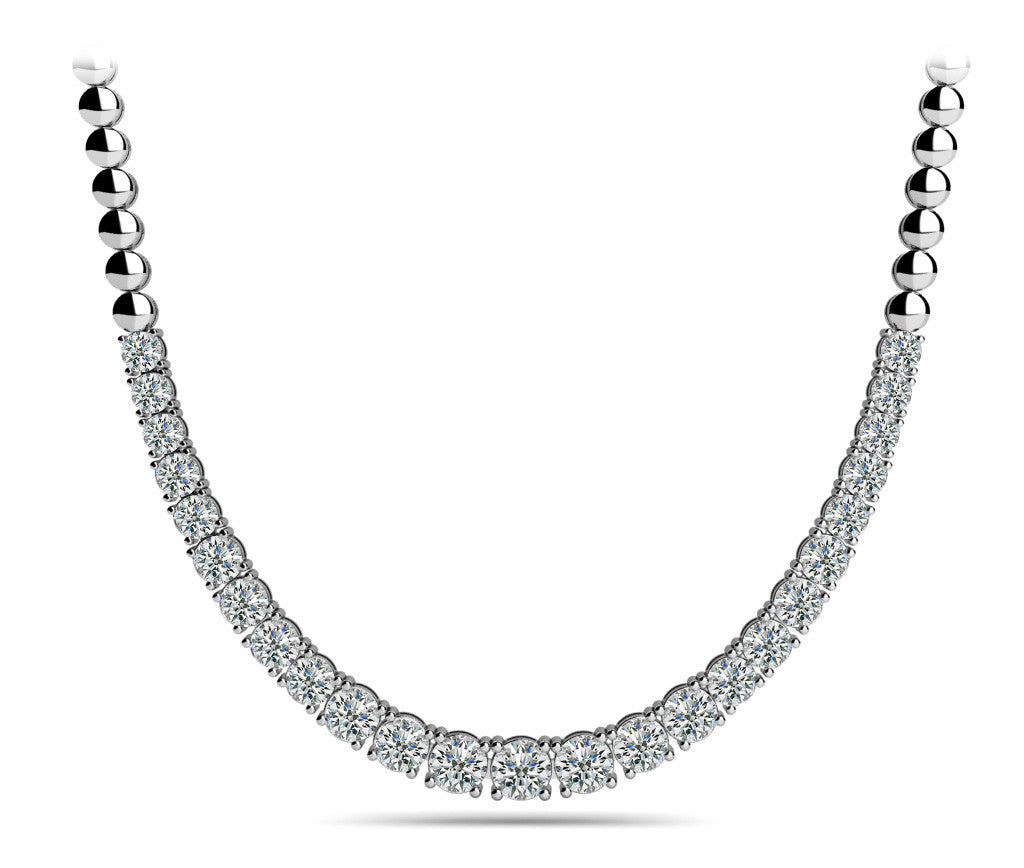 White gold Round Diamond Tennis Necklace with Prong Setting and Bead Chain