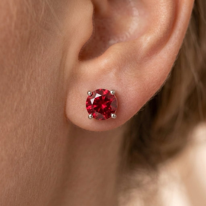 Timeless Round Cut Ruby And Diamond Stud Earrings With Four Prong Setting