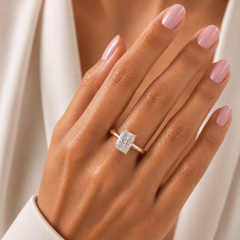Rose Gold Radiant Cut Solitaire Engagement Ring with Sculpted Tapered Shank
