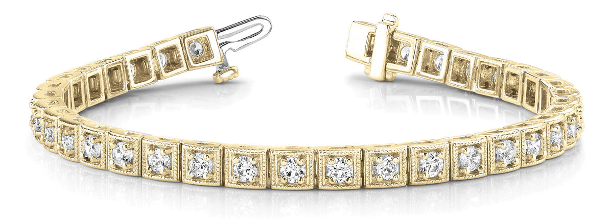 Yellow gold Square Bezel-Set Round Diamond Tennis Bracelet with Four-Prong Setting
