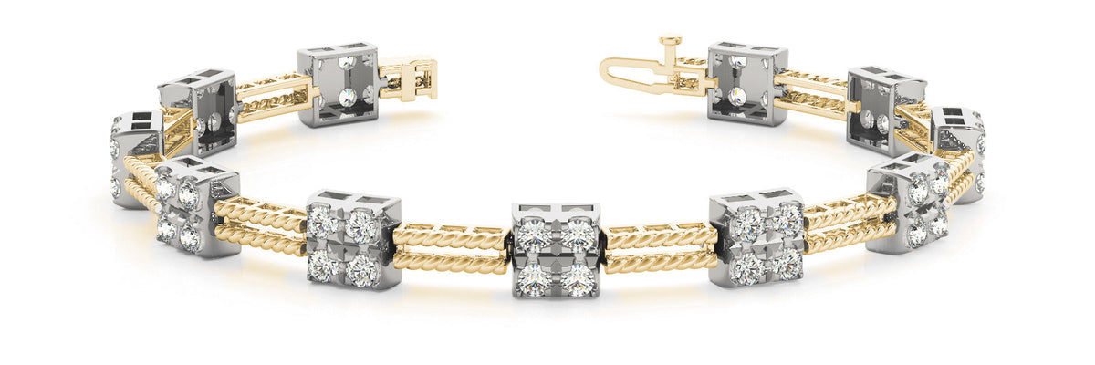 Yellow gold Round Diamond Cluster Box-Link Bracelet with Rope Band and Four-Prong Setting