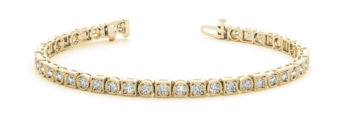 Yellow gold Round Cut Milgrain Diamond Tennis Bracelet with Box Prong Setting