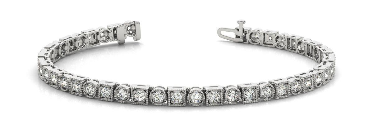 White gold Round Cut Milgrain Diamond Tennis Bracelet with Box Prong Setting