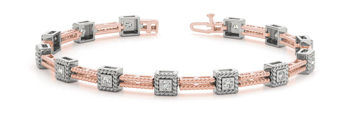 Rose gold Square Bezel Set Round Diamond Rope Link Bracelet