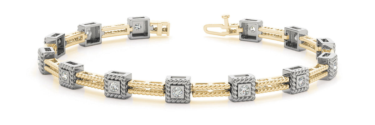 Yellow gold Square Bezel Set Round Diamond Rope Link Bracelet