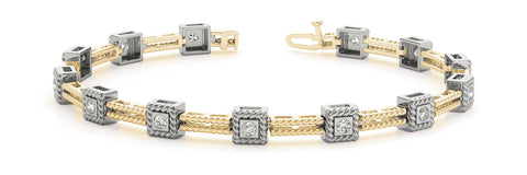 Yellow gold Square Bezel Set Round Diamond Rope Link Bracelet