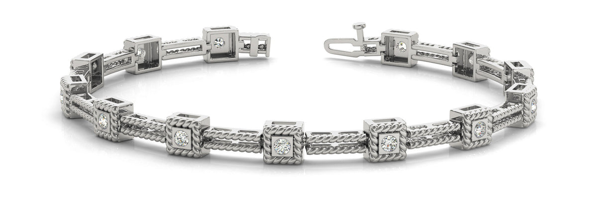 White gold Square Bezel Set Round Diamond Rope Link Bracelet