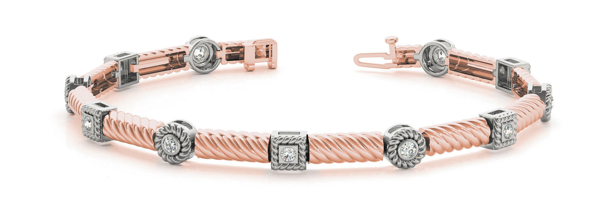 Rose gold Round Bezel Set Diamond Rope Bracelet with Box Clasp