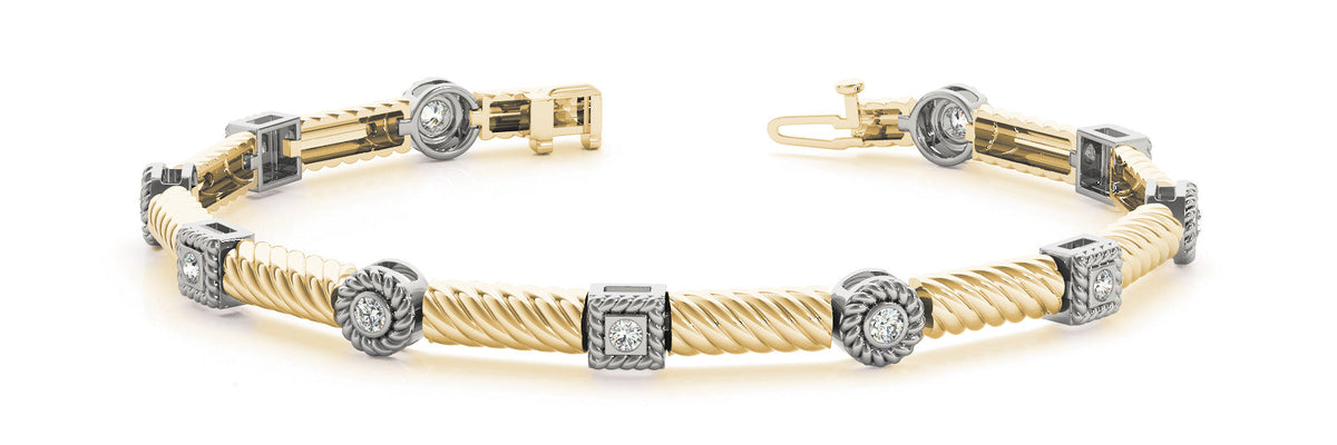 Yellow gold Round Bezel Set Diamond Rope Bracelet with Box Clasp