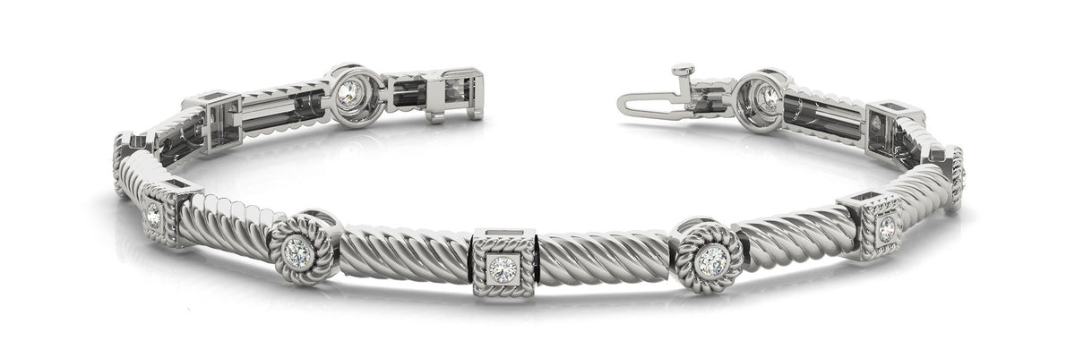 White gold Round Bezel Set Diamond Rope Bracelet with Box Clasp