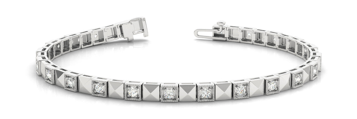 White gold Round Diamond Pyramid Link Tennis Bracelet with Bezel Setting