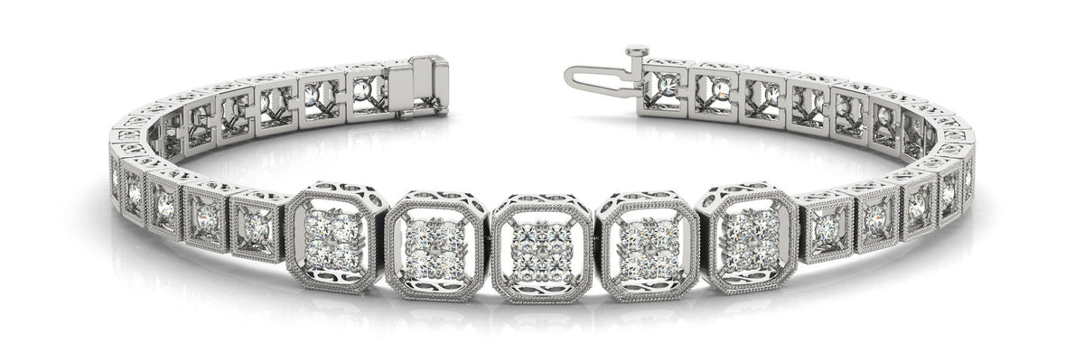 White gold Princess-Cut Diamond Tennis Bracelet with Milgrain Bezel Setting