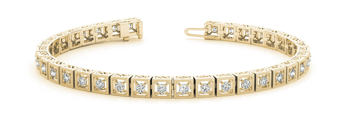 Yellow gold Milgrain Square Link Bracelet with Round Cut Diamonds in Bezel Setting