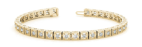 Yellow gold Milgrain Square Link Bracelet with Round Cut Diamonds in Bezel Setting
