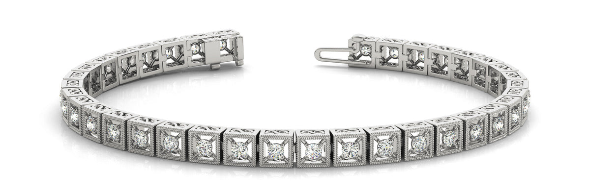 White gold Milgrain Square Link Bracelet with Round Cut Diamonds in Bezel Setting